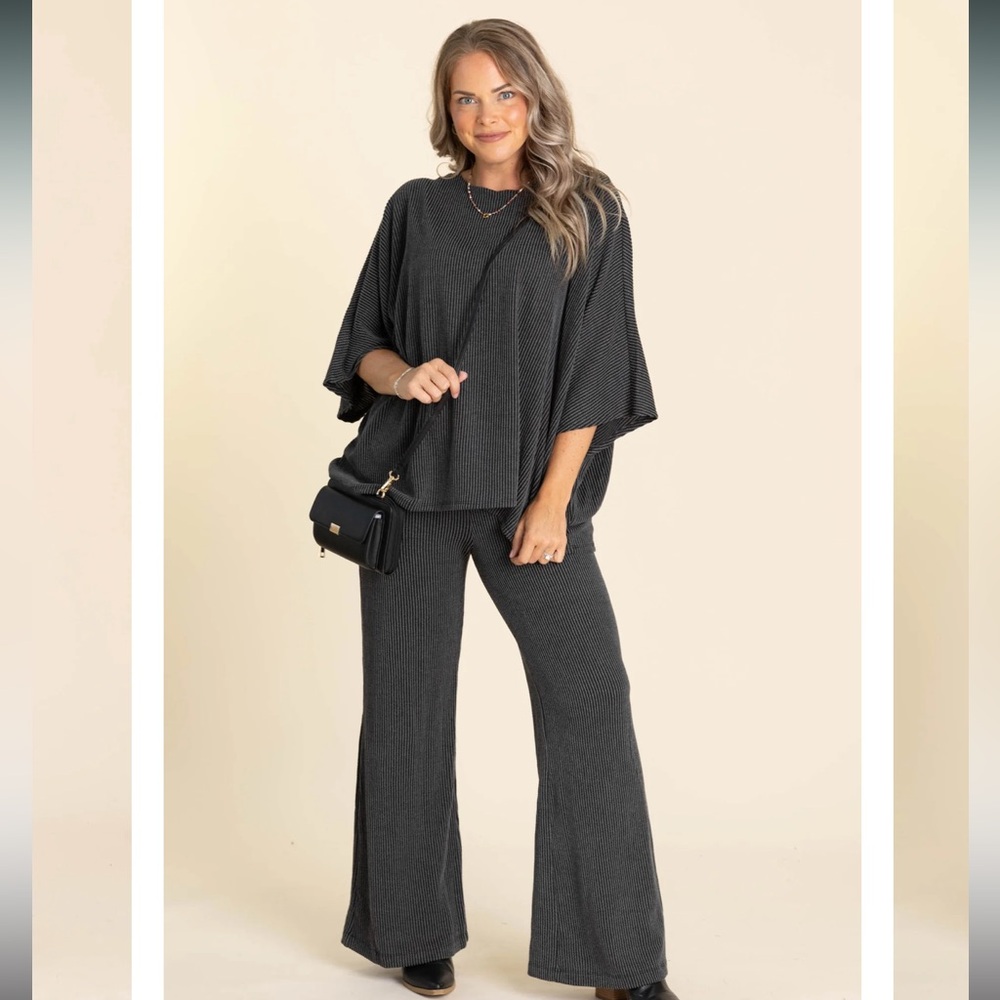 Dear Scarlett Travelers Ribbed Charcoal Wide Leg Pants & Top Set